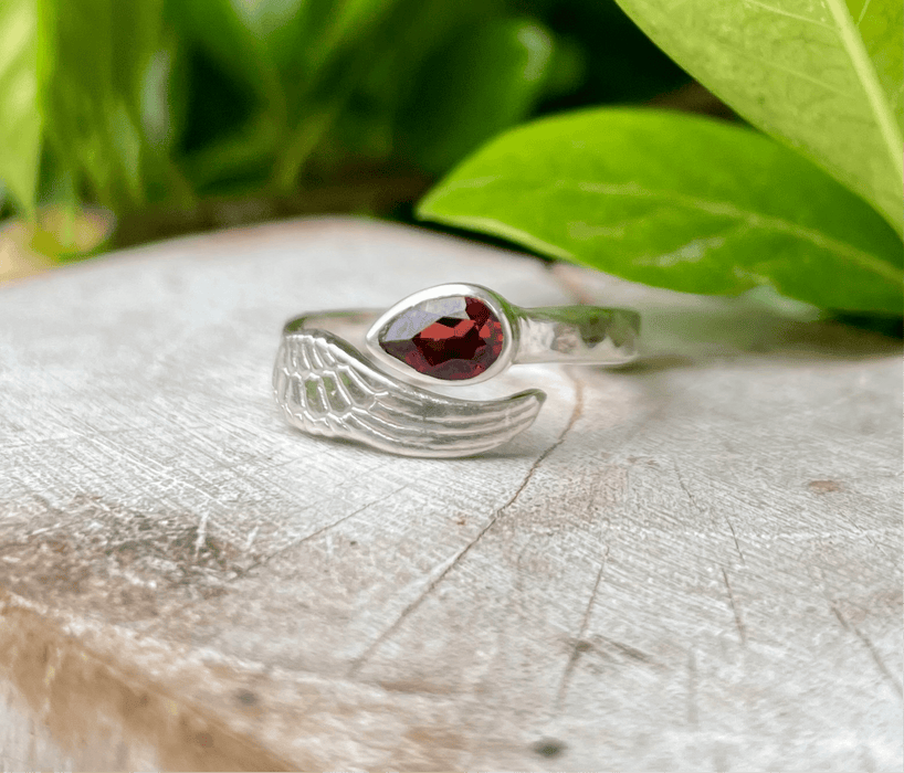Angel Wing Ring with Garnet - Natural Gemstone Jewellery in Sterling Silver - Kathy Sayce Jewellery