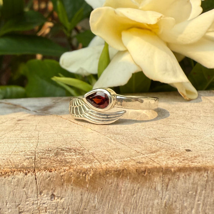 Angel Wing Ring with Garnet - Natural Gemstone Jewellery in Sterling Silver - Kathy Sayce Jewellery