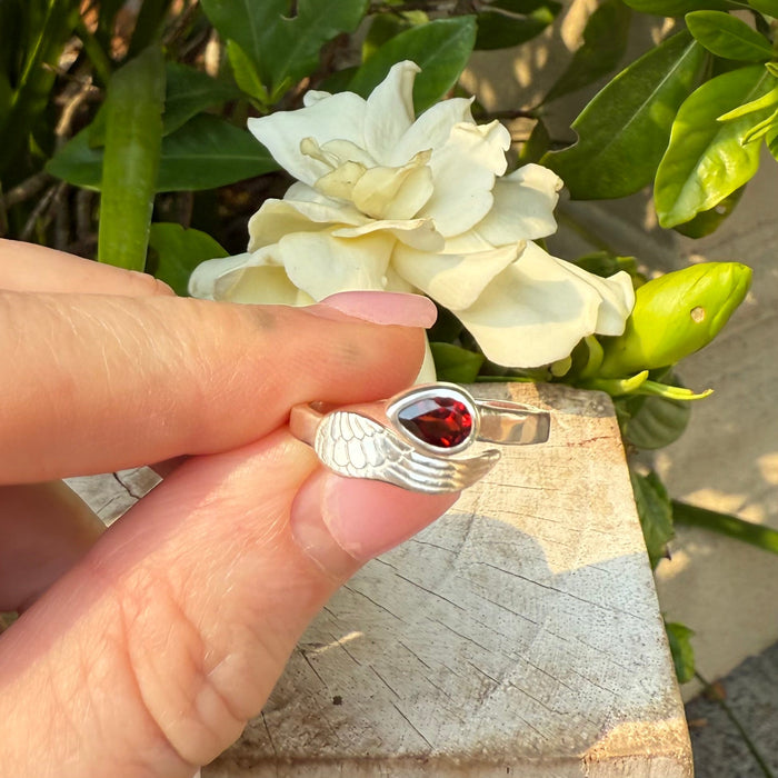 Angel Wing Ring with Garnet - Natural Gemstone Jewellery in Sterling Silver - Kathy Sayce Jewellery