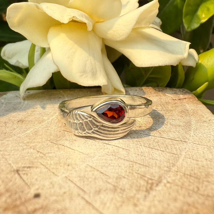 Angel Wing Ring with Garnet - Natural Gemstone Jewellery in Sterling Silver - Kathy Sayce Jewellery