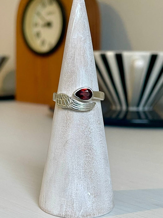 Angel Wing Ring with Garnet - Natural Gemstone Jewellery in Sterling Silver - Kathy Sayce Jewellery