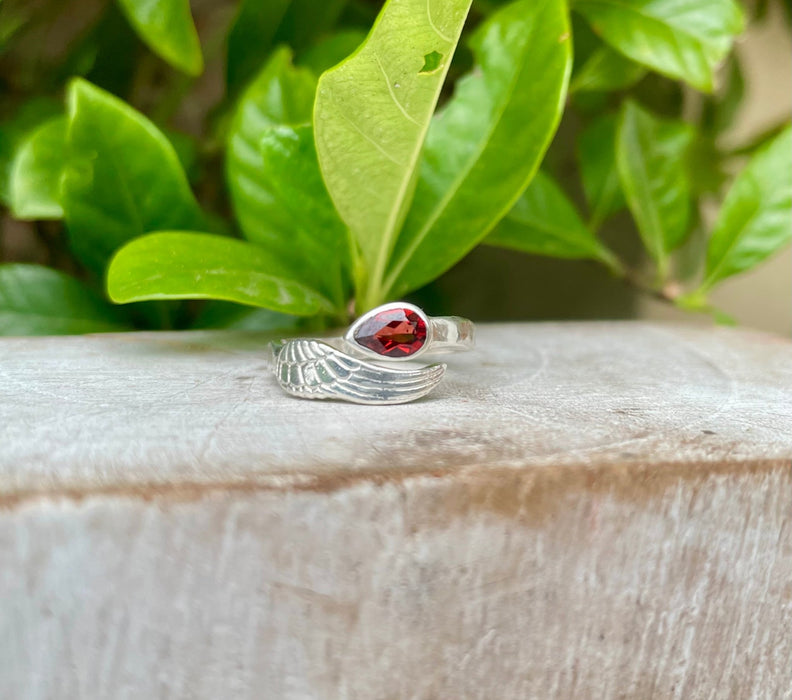 Angel Wing Ring with Garnet - Natural Gemstone Jewellery in Sterling Silver - Kathy Sayce Jewellery