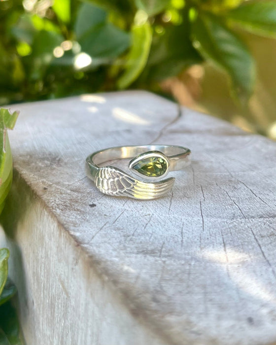 Angel Wing Ring with Green Peridot - Sterling Silver - Natural Gemstone Jewellery - Kathy Sayce Jewellery