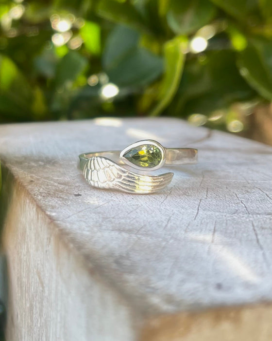 Angel Wing Ring with Green Peridot - Sterling Silver - Natural Gemstone Jewellery - Kathy Sayce Jewellery