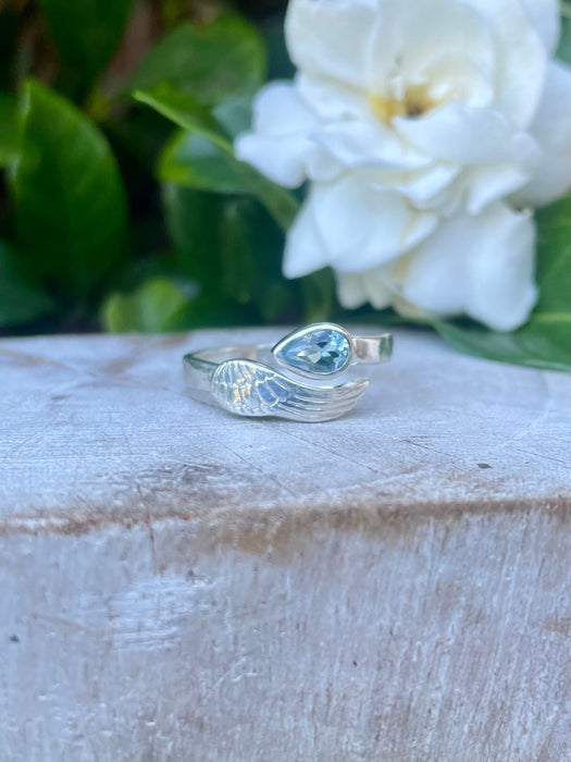 Angel Wing Ring with Light Blue Topaz - Natural Gemstone Jewellery in Sterling Silver - Kathy Sayce Jewellery