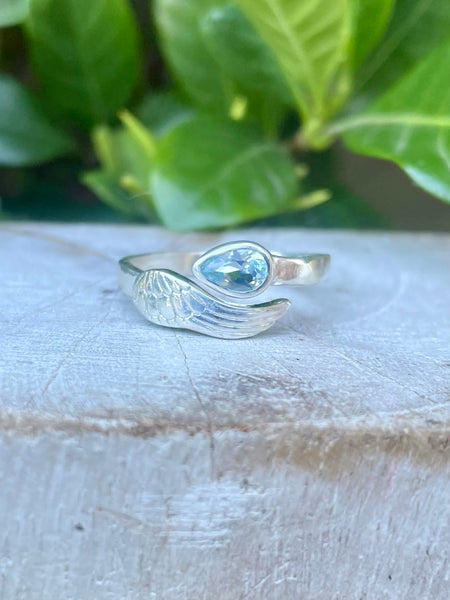 Angel Wing Ring with Light Blue Topaz - Natural Gemstone Jewellery in Sterling Silver - Kathy Sayce Jewellery