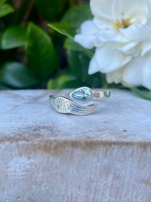 Angel Wing Ring with Light Blue Topaz - Natural Gemstone Jewellery in Sterling Silver - Kathy Sayce Jewellery