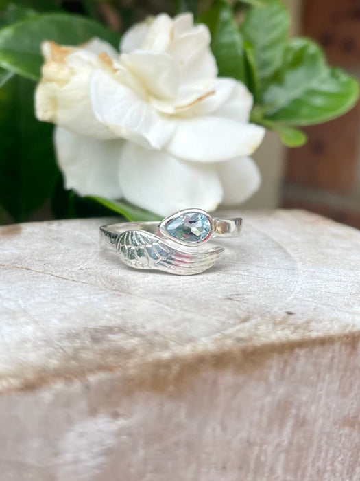 Angel Wing Ring with Light Blue Topaz - Natural Gemstone Jewellery in Sterling Silver - Kathy Sayce Jewellery