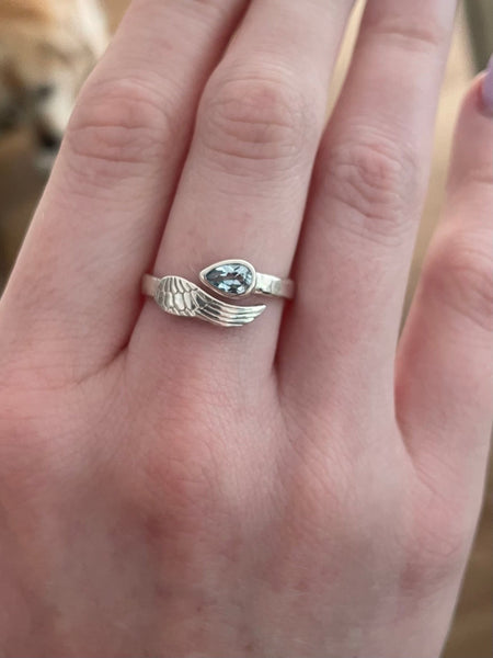 Angel Wing Ring with Light Blue Topaz - Natural Gemstone Jewellery in Sterling Silver - Kathy Sayce Jewellery