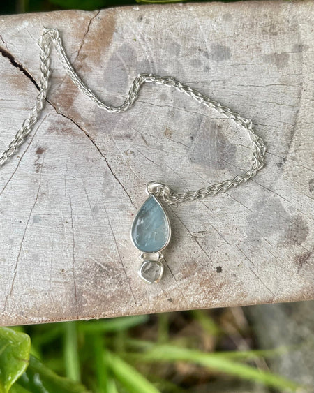 Aquamarine & Herkimer Diamond Necklace – Sterling Silver Gemstone Pendant - Kathy Sayce Jewellery