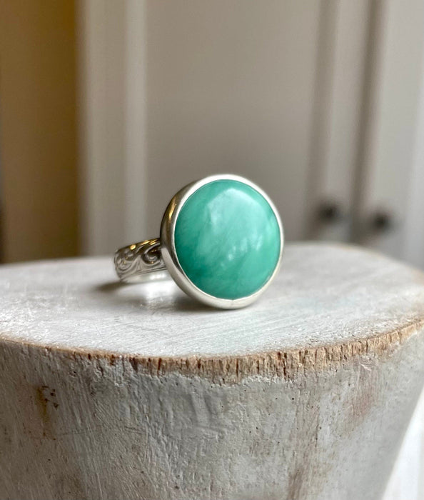 Australian Variscite Ring – Patterned Sterling Silver Band - Handmade Green Gemstone Jewellery - Kathy Sayce Jewellery