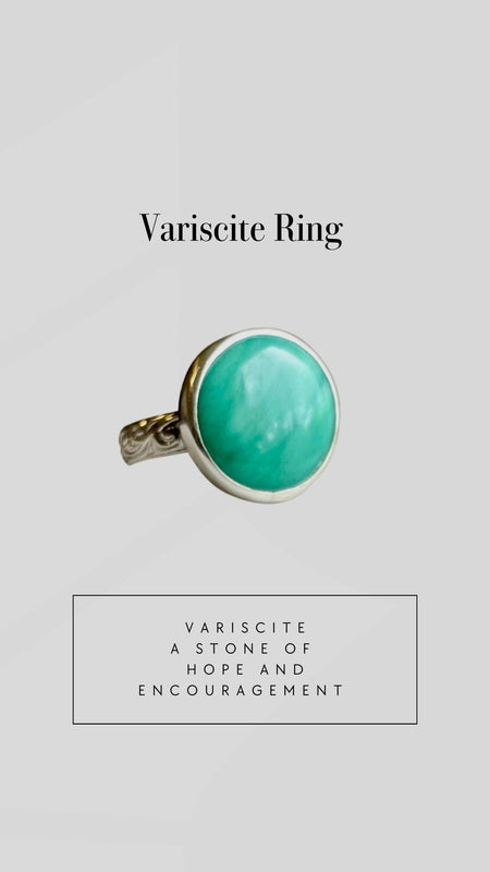 Australian Variscite Ring – Patterned Sterling Silver Band - Handmade Green Gemstone Jewellery - Kathy Sayce Jewellery