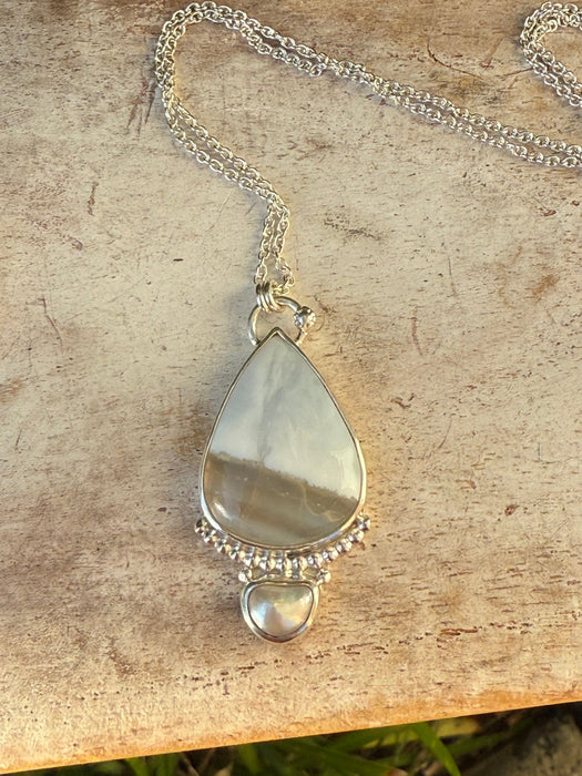 Blue Opal and Baroque Pearl Pendant - Sterling Siver Chain - Kathy Sayce Jewellery