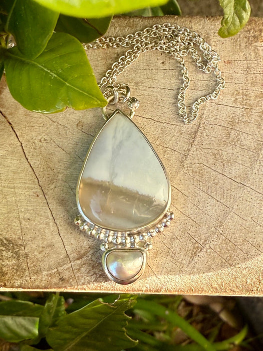 Blue Opal and Baroque Pearl Pendant - Sterling Siver Chain - Kathy Sayce Jewellery