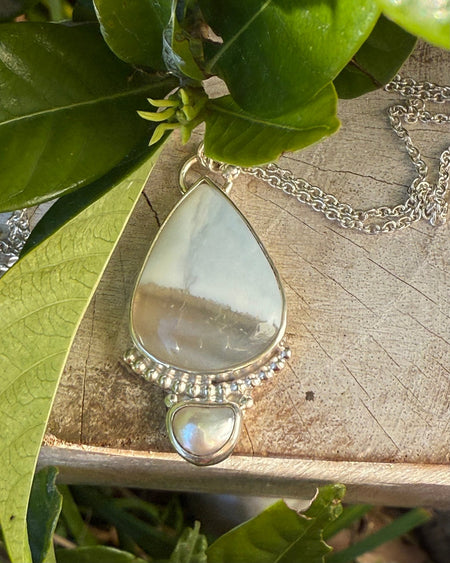 Blue Opal and Baroque Pearl Pendant - Sterling Siver Chain - Kathy Sayce Jewellery