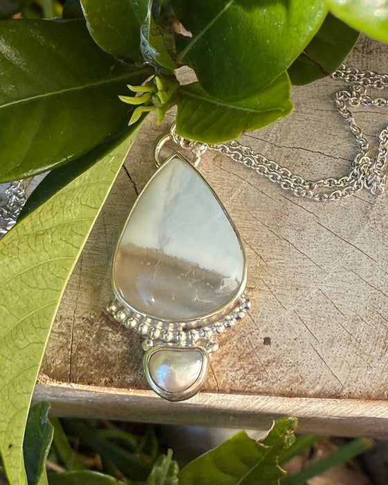 Blue Opal and Baroque Pearl Pendant - Sterling Siver Chain - Kathy Sayce Jewellery