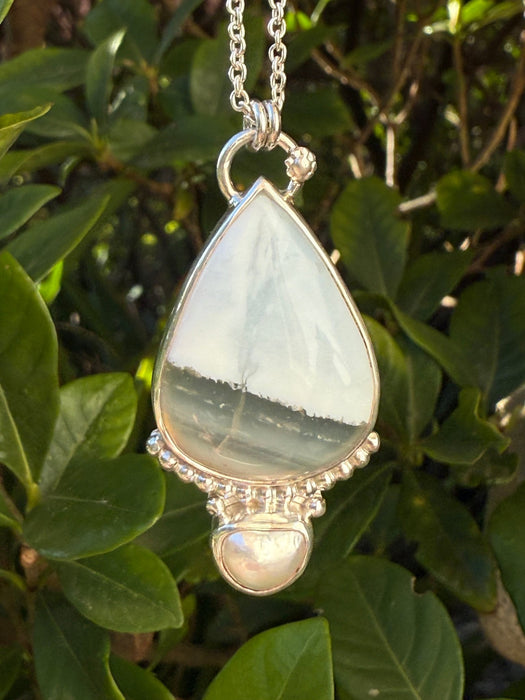 Blue Opal and Baroque Pearl Pendant - Sterling Siver Chain - Kathy Sayce Jewellery