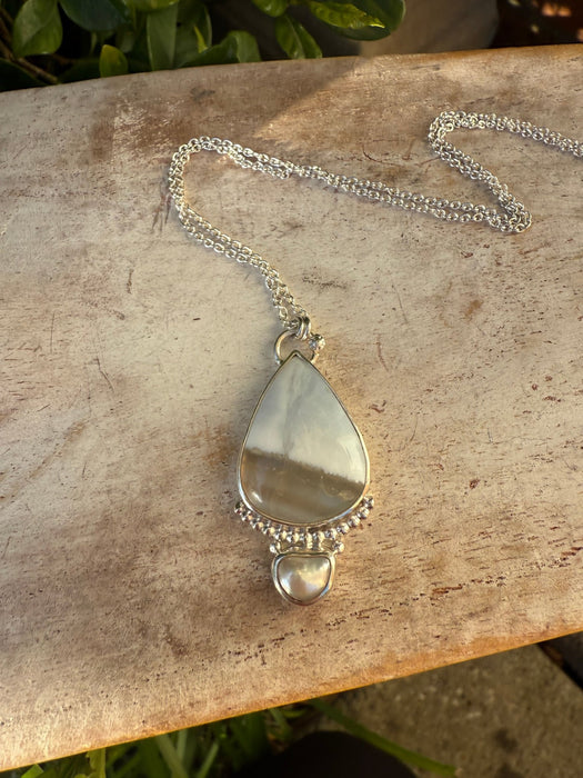 Blue Opal and Baroque Pearl Pendant - Sterling Siver Chain - Kathy Sayce Jewellery