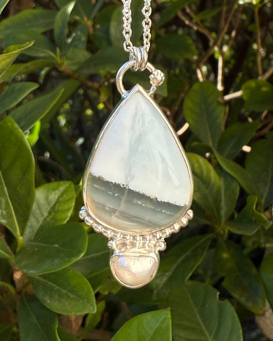 Blue Opal and Baroque Pearl Pendant - Sterling Siver Chain - Kathy Sayce Jewellery
