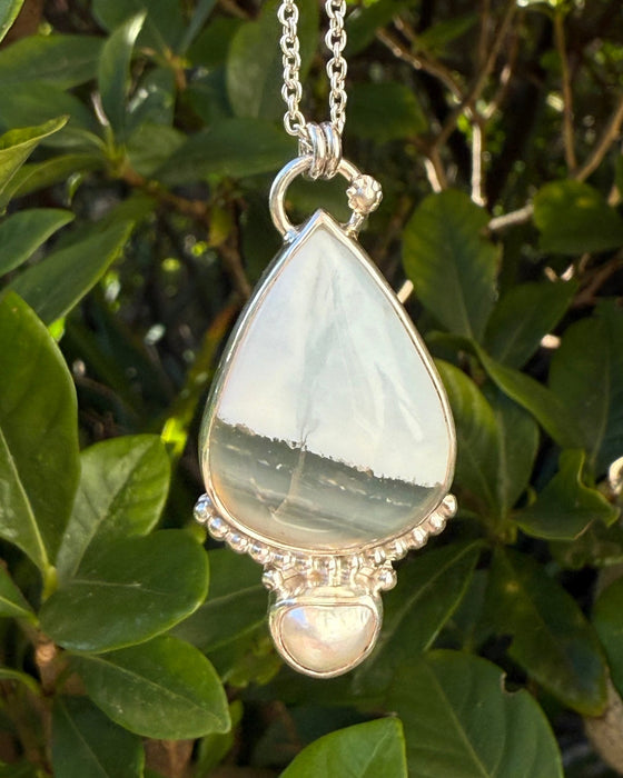 Blue Opal and Baroque Pearl Pendant - Sterling Siver Chain - Kathy Sayce Jewellery