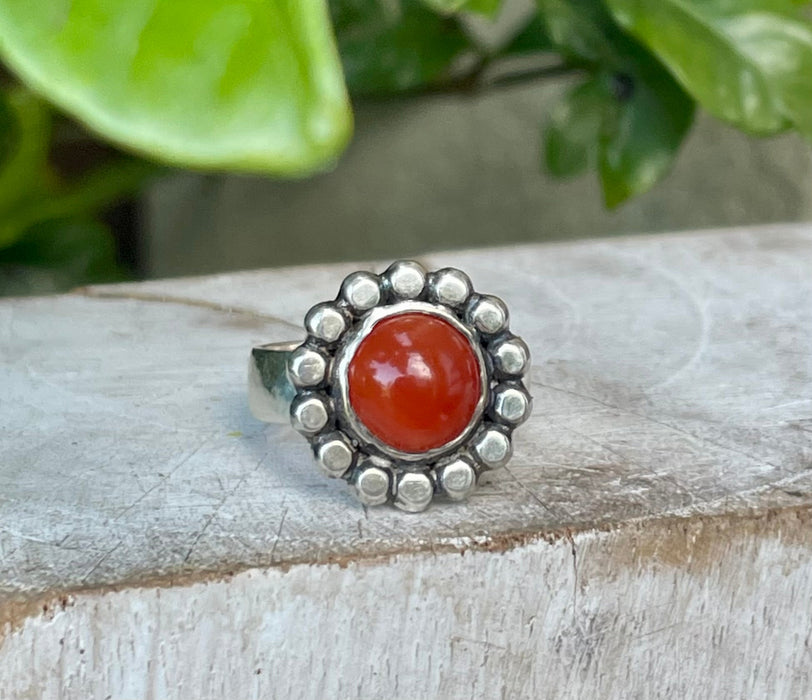 Carnelian Flower Ring - US size 6 1/2 - Kathy Sayce Jewellery