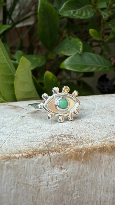 Custom Order - Eye Ring - Solid Opal and 2mm Faceted Red Garnet - Kathy Sayce Jewellery