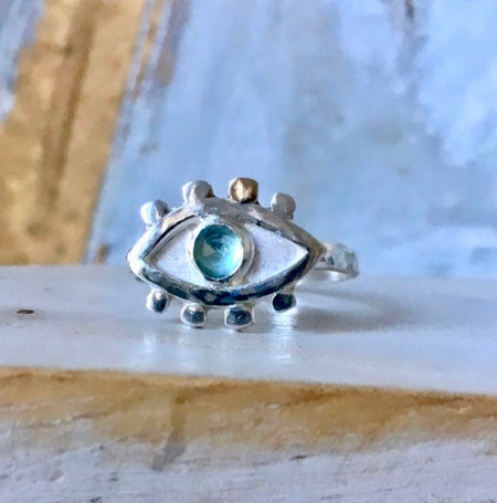 Custom Order - Eye Ring - Solid Opal and 2mm Faceted Red Garnet - Kathy Sayce Jewellery