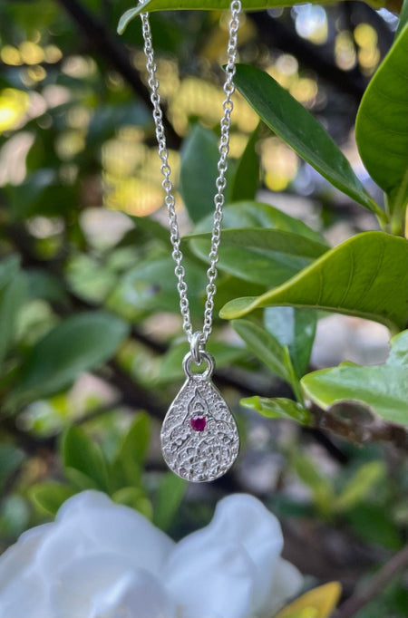 Faceted Pink Ruby Necklace – Patterned Sterling Silver Pendant on Silver Chain - Kathy Sayce Jewellery