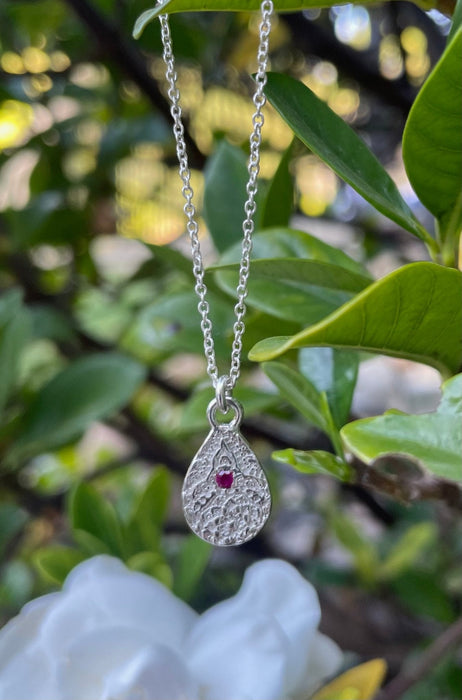 Faceted Pink Ruby Necklace – Patterned Sterling Silver Pendant on Silver Chain - Kathy Sayce Jewellery