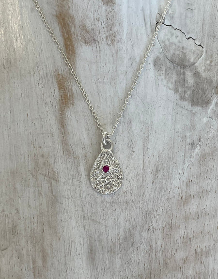 Faceted Pink Ruby Necklace – Patterned Sterling Silver Pendant on Silver Chain - Kathy Sayce Jewellery