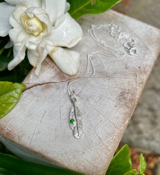 Feather Charm Necklace with Chrome Diopside – Handmade Green Gemstone Jewellery - Kathy Sayce Jewellery