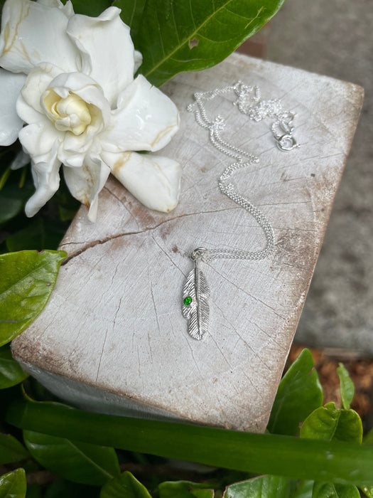 Feather Charm Necklace with Chrome Diopside – Handmade Green Gemstone Jewellery - Kathy Sayce Jewellery