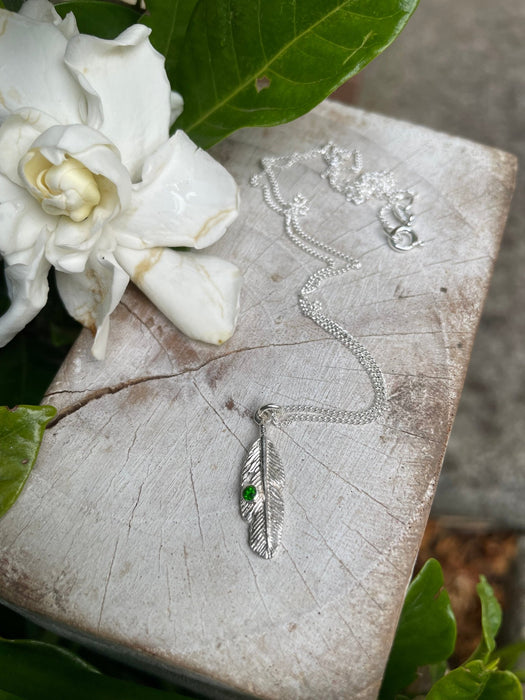 Feather Charm Necklace with Chrome Diopside – Handmade Green Gemstone Jewellery - Kathy Sayce Jewellery