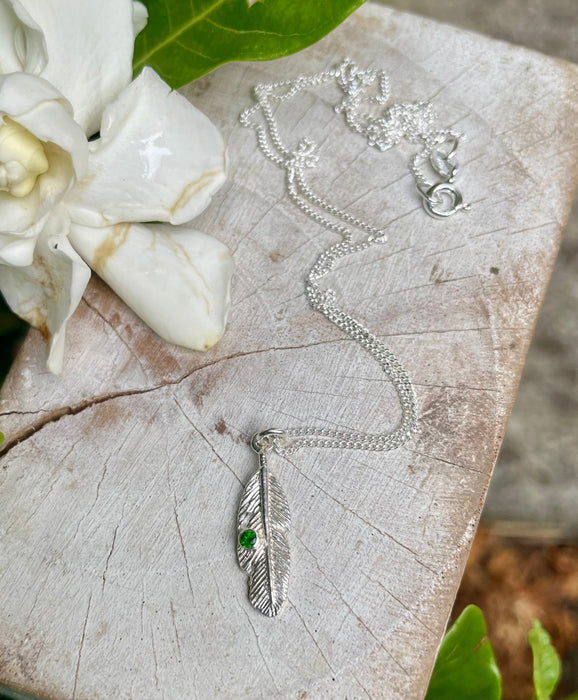 Feather Charm Necklace with Chrome Diopside – Handmade Green Gemstone Jewellery - Kathy Sayce Jewellery