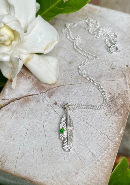 Feather Charm Necklace with Chrome Diopside – Handmade Green Gemstone Jewellery - Kathy Sayce Jewellery