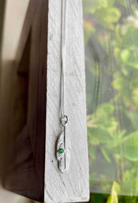 Feather Charm Necklace with Chrome Diopside – Handmade Green Gemstone Jewellery - Kathy Sayce Jewellery