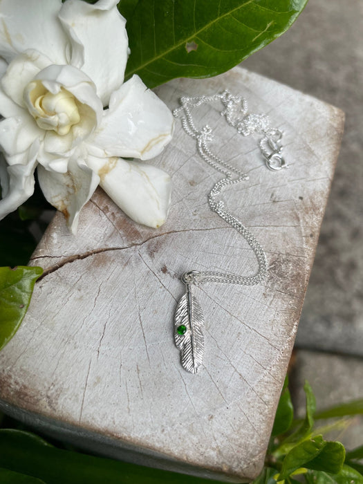 Feather Charm Necklace with Chrome Diopside – Handmade Green Gemstone Jewellery - Kathy Sayce Jewellery