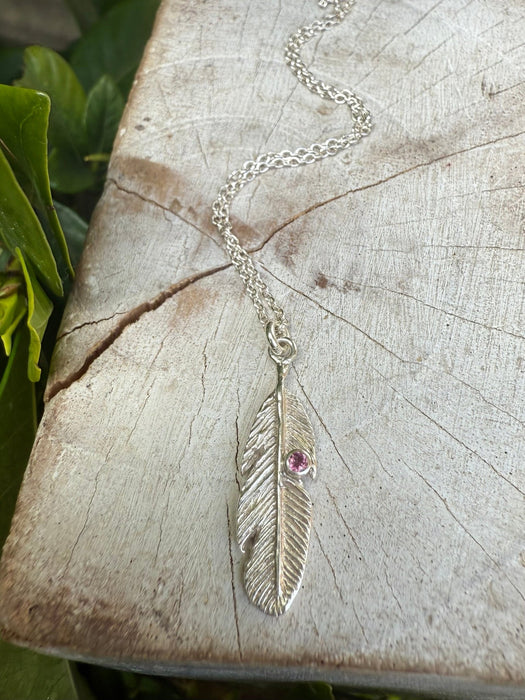 Feather Charm Necklace with Pink Tourmaline - Sterling Silver Chain - Kathy Sayce Jewellery