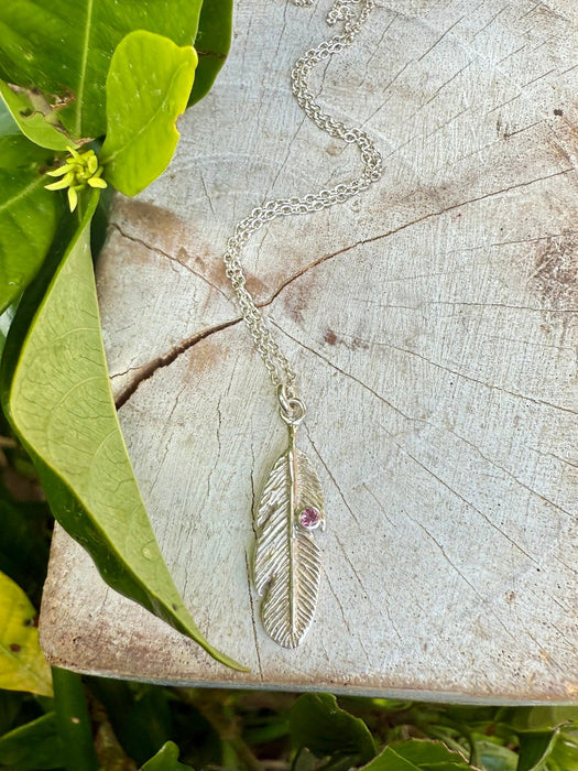 Feather Charm Necklace with Pink Tourmaline - Sterling Silver Chain - Kathy Sayce Jewellery