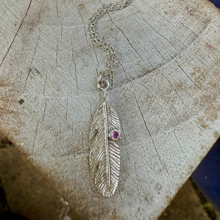 Feather Charm Necklace with Pink Tourmaline - Sterling Silver Chain - Kathy Sayce Jewellery