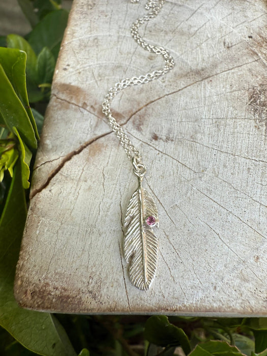 Feather Charm Necklace with Pink Tourmaline - Sterling Silver Chain - Kathy Sayce Jewellery