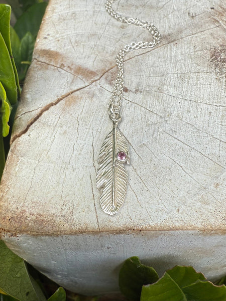 Feather Charm Necklace with Pink Tourmaline - Sterling Silver Chain - Kathy Sayce Jewellery