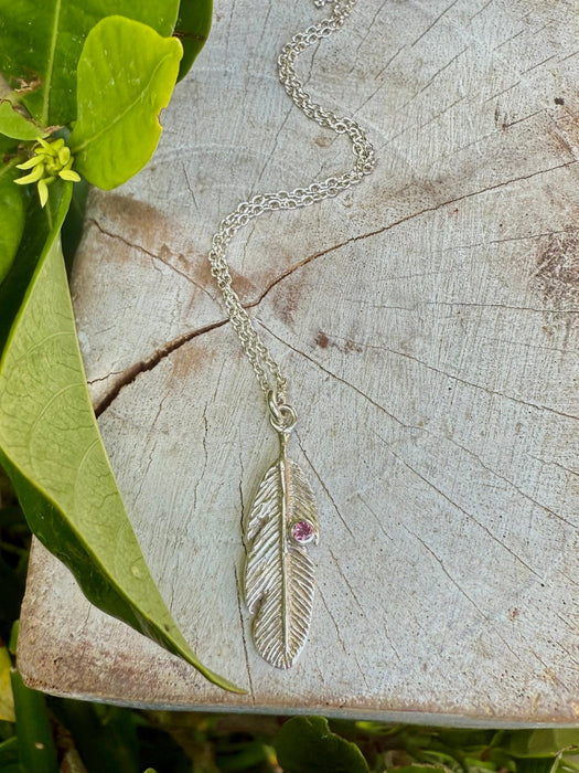 Feather Charm Necklace with Pink Tourmaline - Sterling Silver Chain - Kathy Sayce Jewellery