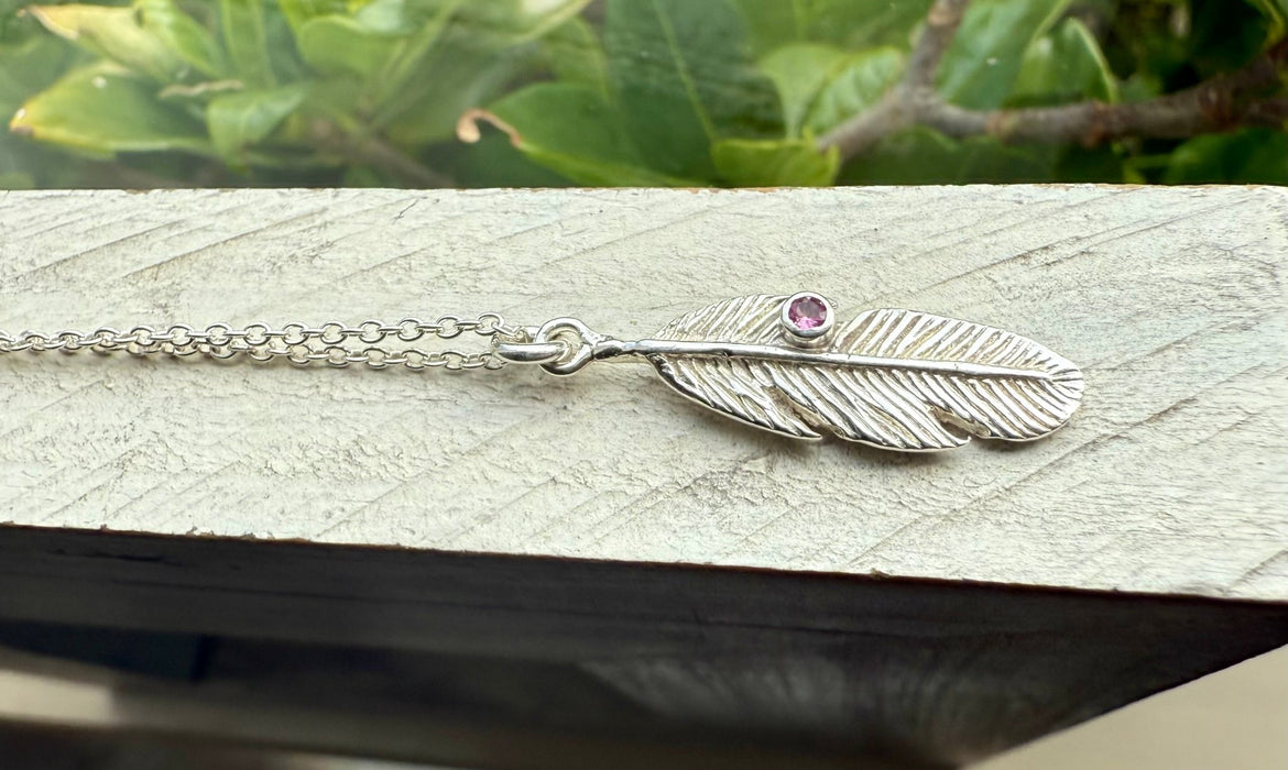 Feather Charm Necklace with Pink Tourmaline - Sterling Silver Chain - Kathy Sayce Jewellery
