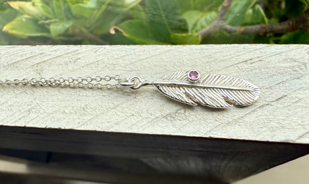 Feather Charm Necklace with Pink Tourmaline - Sterling Silver Chain - Kathy Sayce Jewellery