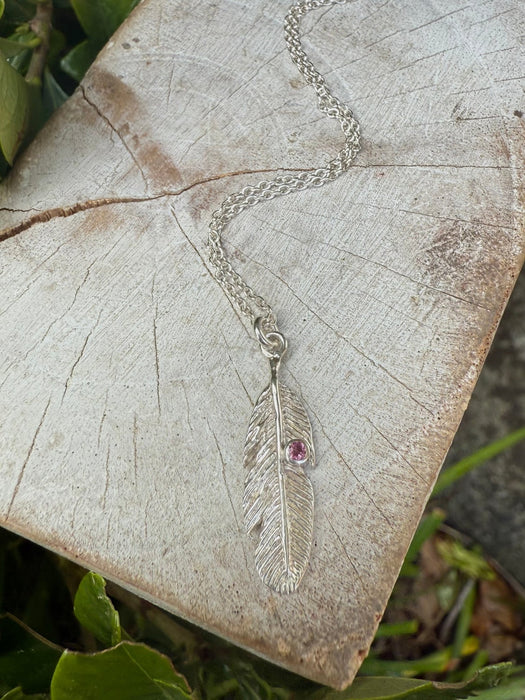Feather Charm Necklace with Pink Tourmaline - Sterling Silver Chain - Kathy Sayce Jewellery