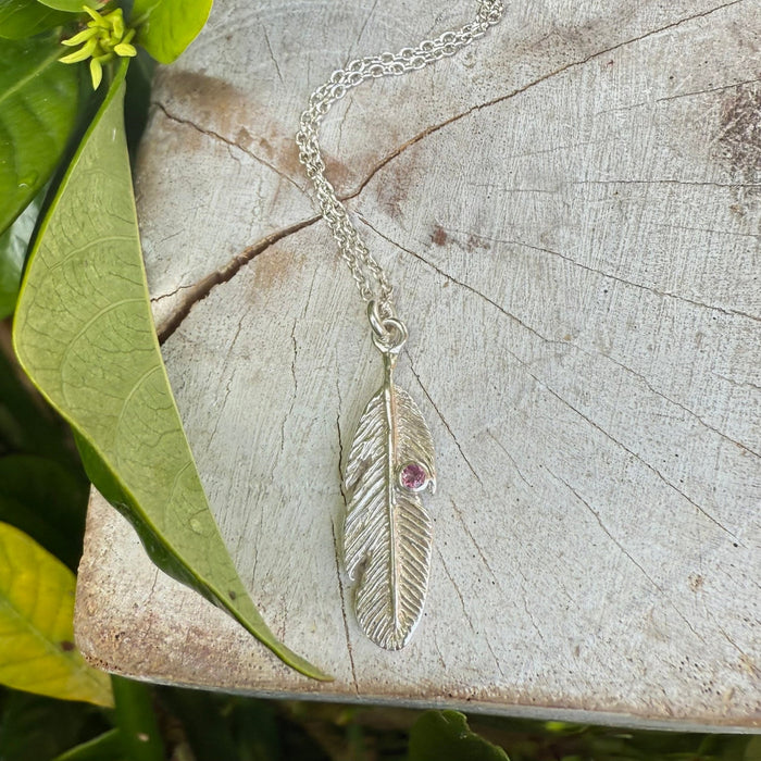 Feather Charm Necklace with Pink Tourmaline - Sterling Silver Chain - Kathy Sayce Jewellery