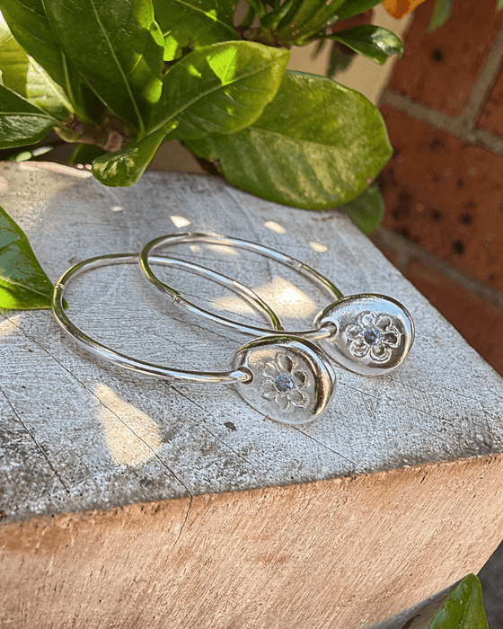 Flower Hoop Earrings with Medium Blue Sapphires - Sterling Silver - Kathy Sayce Jewellery