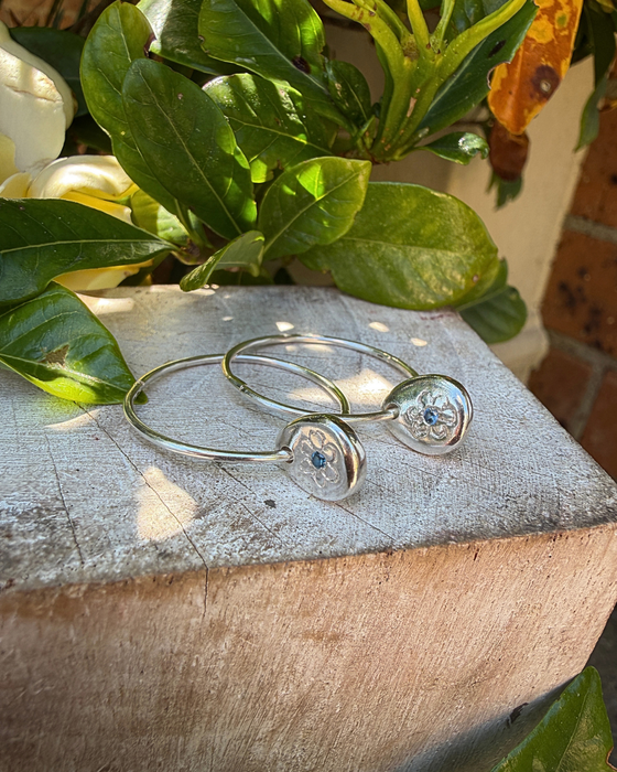 Flower Hoop Earrings with Medium Blue Sapphires - Sterling Silver - Kathy Sayce Jewellery