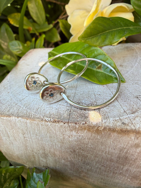 Flower Hoop Earrings with Medium Blue Sapphires - Sterling Silver - Kathy Sayce Jewellery